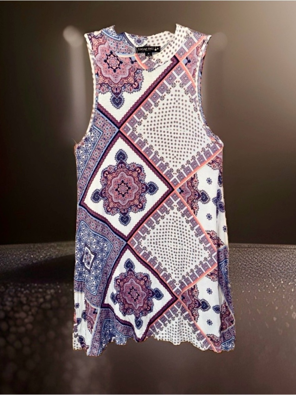 living doll Bandana Print Sleeveless long knit Tank Top/Dress-Navy, Pink-M-EC